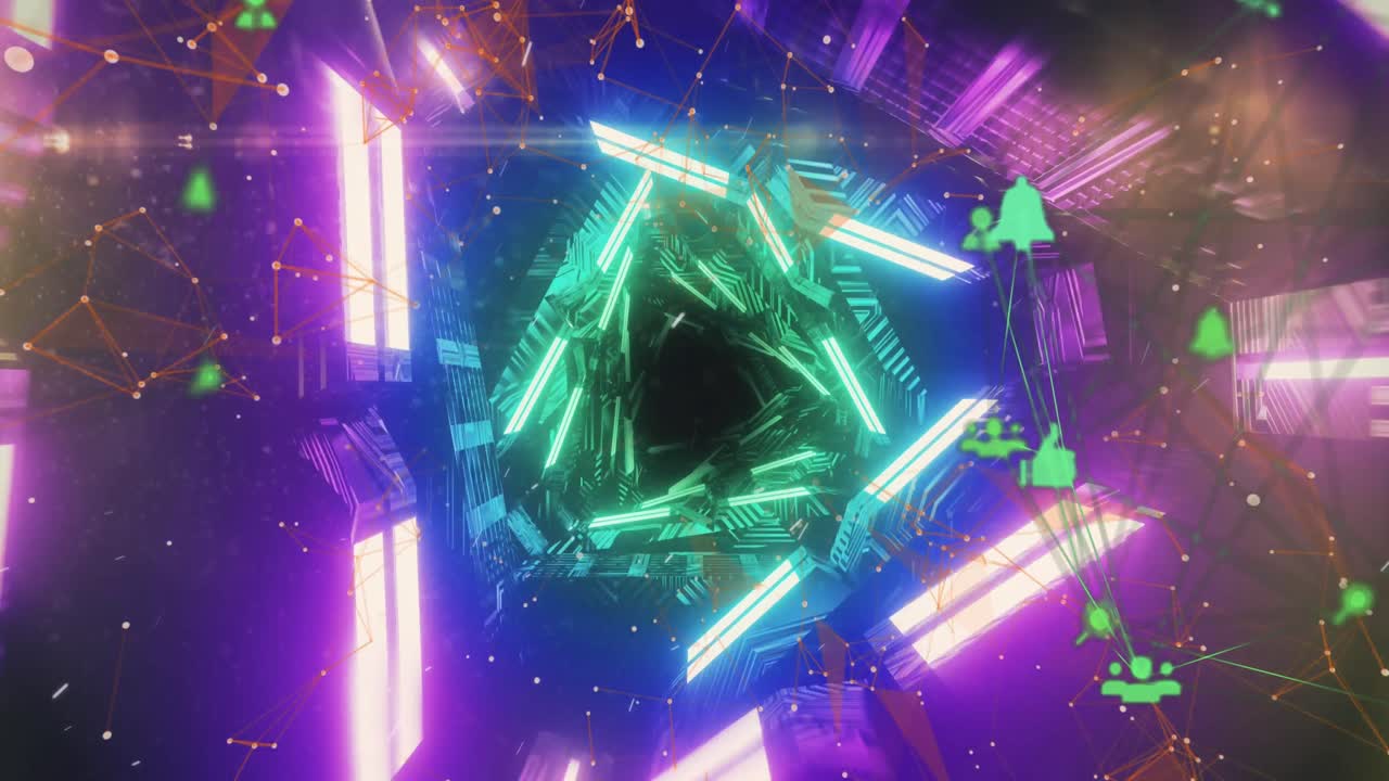 dos globos de iconos digitales y formas abstractas 3d púrpuras contra el túnel brillante girando