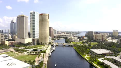 aerial view of skyscrapers, boats along downtown tampa riverwalk, florida