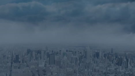 animation of massive sale text over abstract patterns and modern cityscape against cloudy sky