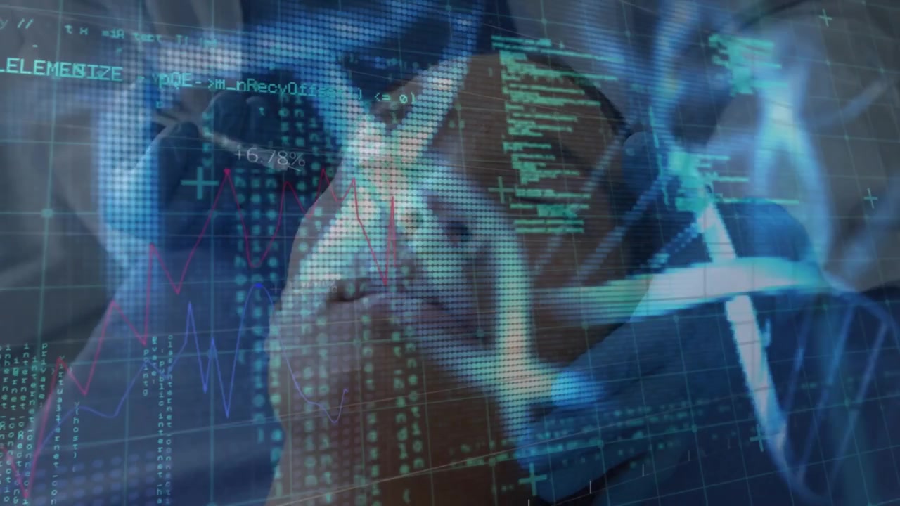Animation of data processing over american dollar banknotes and grid