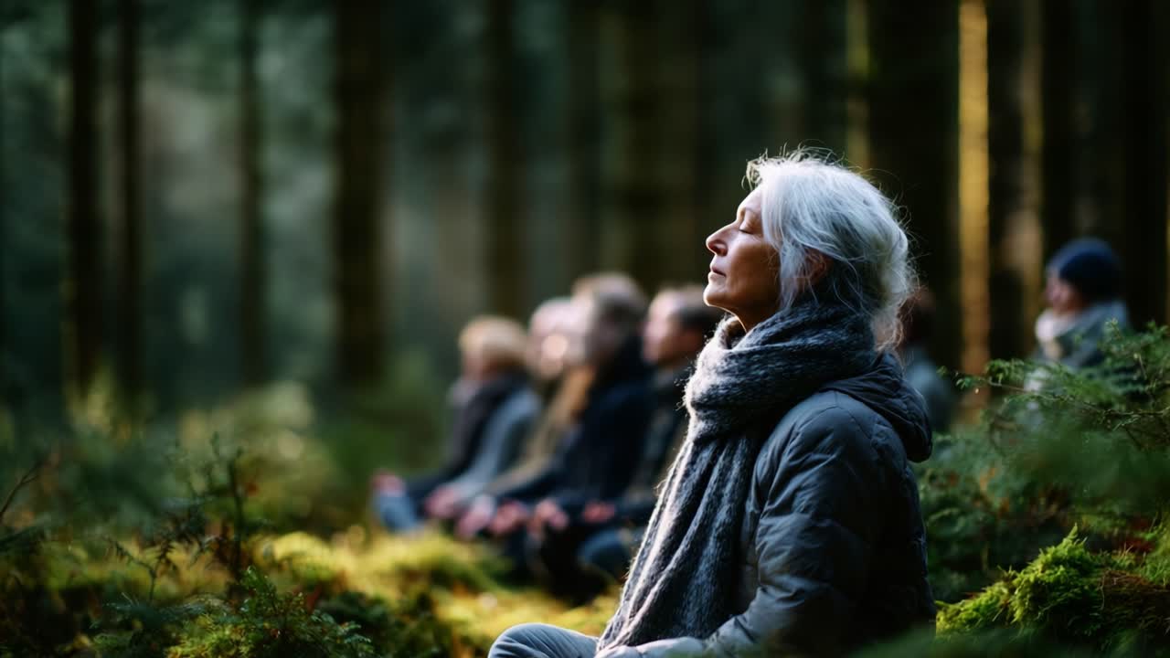 A Serene Moment of Mindfulness in Nature: Individuals Gathered in Reflection Among Stately Trees, Embracing the Peaceful Ambiance of a Tranquil Forest Setting