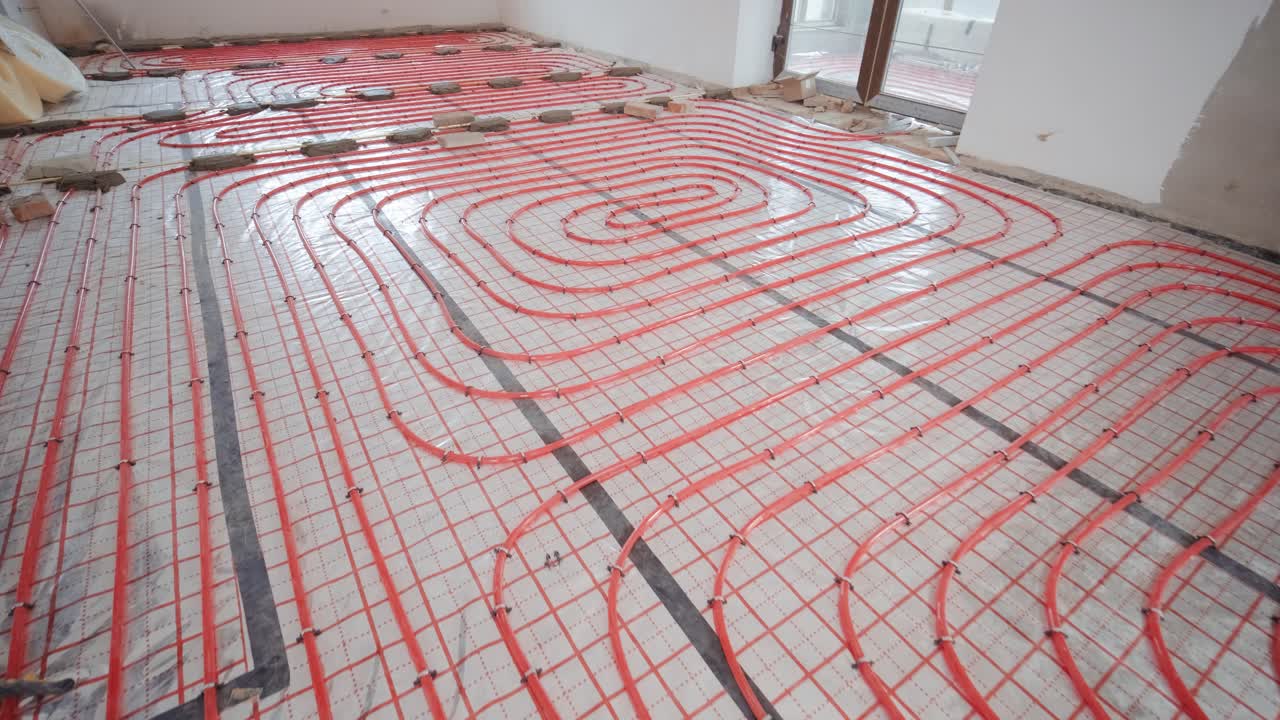 물 난방을 위한 바닥 난방 파이프 설치. 난방 시스템. 열 단열 바닥을 위한 파이프.