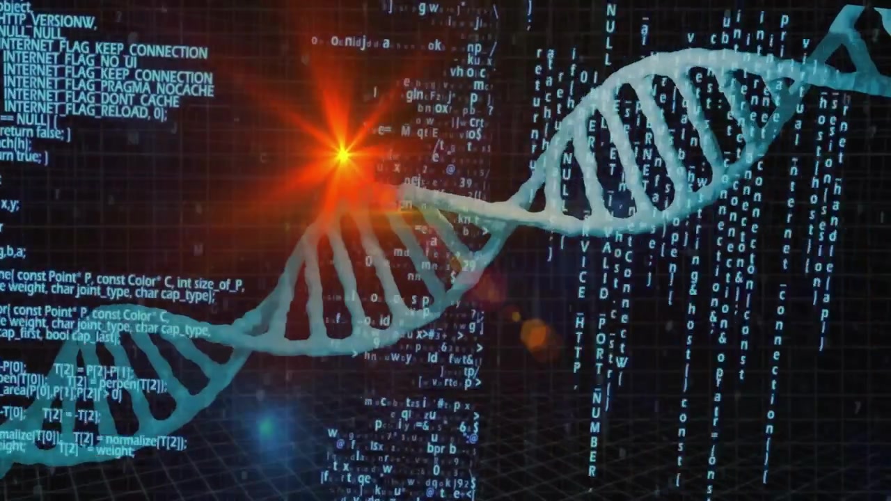On load stylized turquoise DNA helix drifting right while code streams cascading showing sequencing