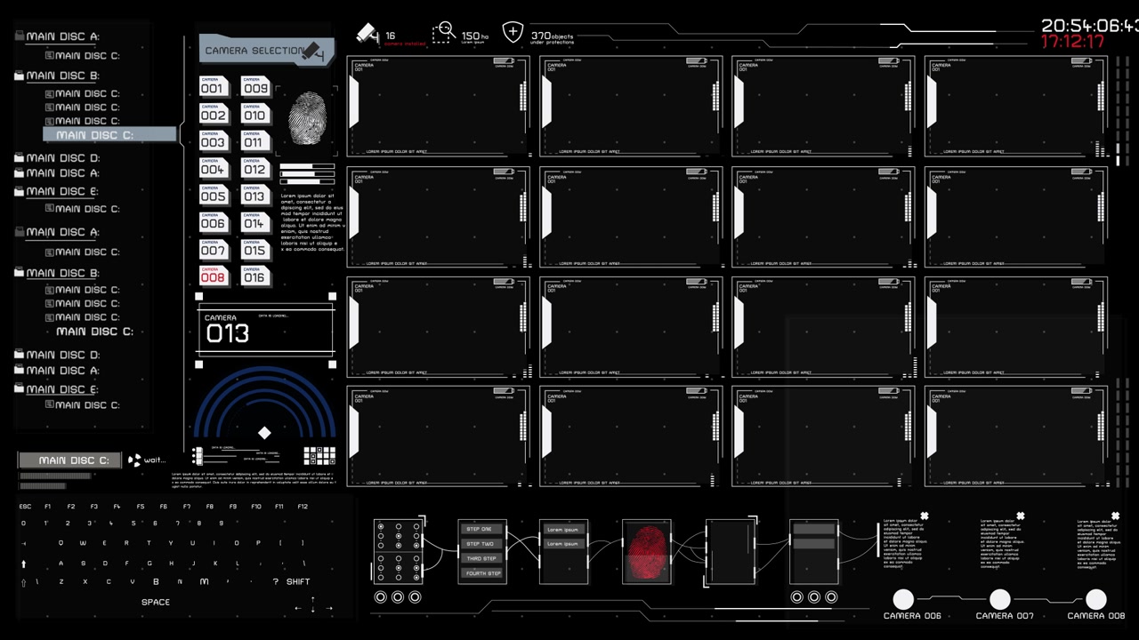Futuristic Digital Interface with Camera Feeds and Fingerprint Scan
