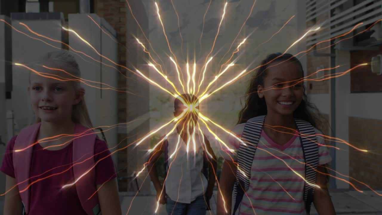 Schoolgirls walking narrow corridor stepping into golden light effect vanishing them for education