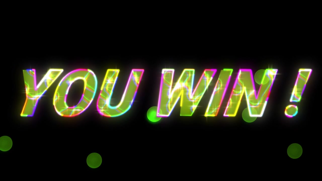 Animation of you win text in glowing letters over spots of light