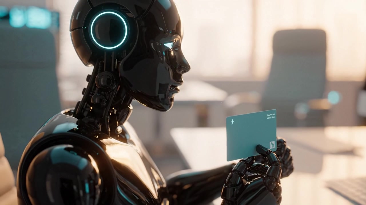 Una figura robotica avanzata esamina meticolosamente una carta blu, incarnando la fusione di tecnologia e finanza in un moderno ambiente d'ufficio.