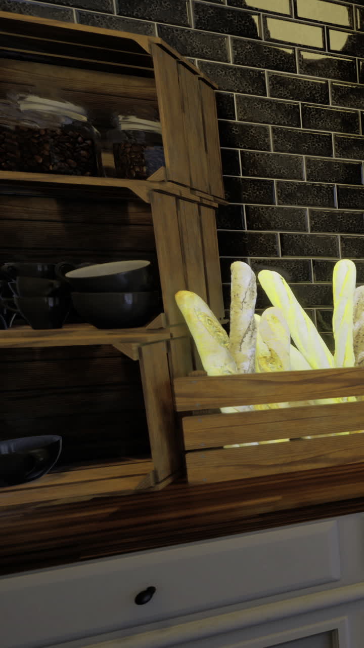 Fresh bread and kitchen items on wooden shelves in a cozy setting