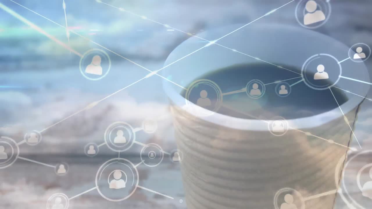 커피 컵 위에 연결 네트워크와 아이콘의 애니메이션