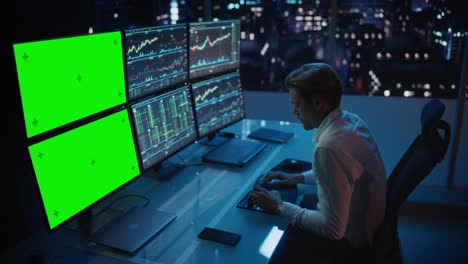 analista financiero que trabaja en una computadora con estación de trabajo multi-monitor con pantalla verde chroma key mock up plantilla y gráficos de acciones en tiempo real. hombre de negocios trabaja en un banco de inversión por la noche.