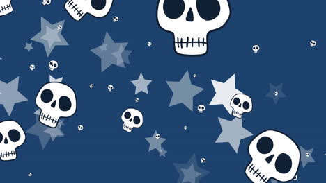 Animación-De-Calaveras-Cayendo-Y-Múltiples-Estrellas-Sobre-Fondo-Azul