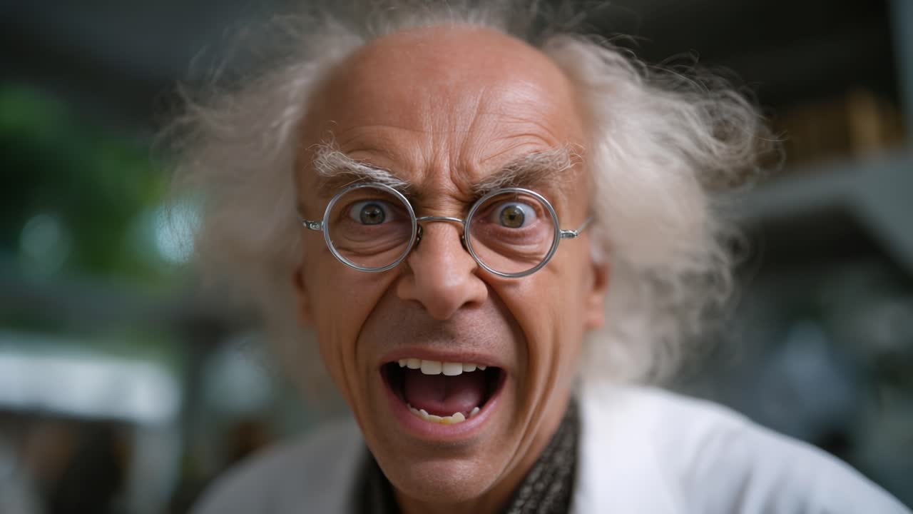 Scienziato pazzo con capelli ispidi e occhiali che esprime emozioni intense in un ambiente di laboratorio, passando dallo shock alla gioia in fotogrammi video dinamici