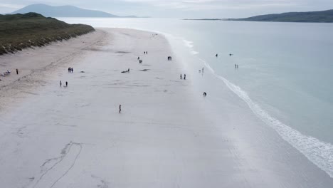 Drone-shot-of-Luskentyre-Beach,-featuring-members-of-the-public