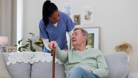 caregiver, senior man and talking on couch