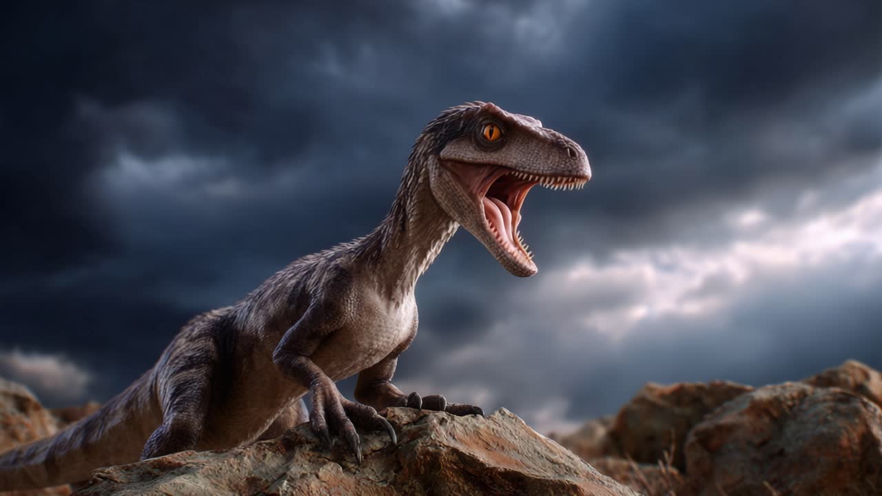 Una rappresentazione realistica di un Velociraptor che ruggisce tra cieli tempestosi e rocce, mostrando la forza e l'intensità di questo iconico dinosauro nel suo habitat naturale.