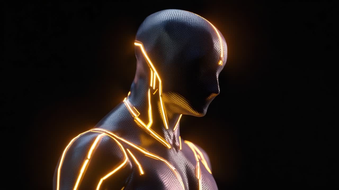 Splendido modello 3D futuristico di una figura robotica simile a un umano con linee luminose, che mostra un design unico e texture di animazione avanzate in un'ambientazione scura