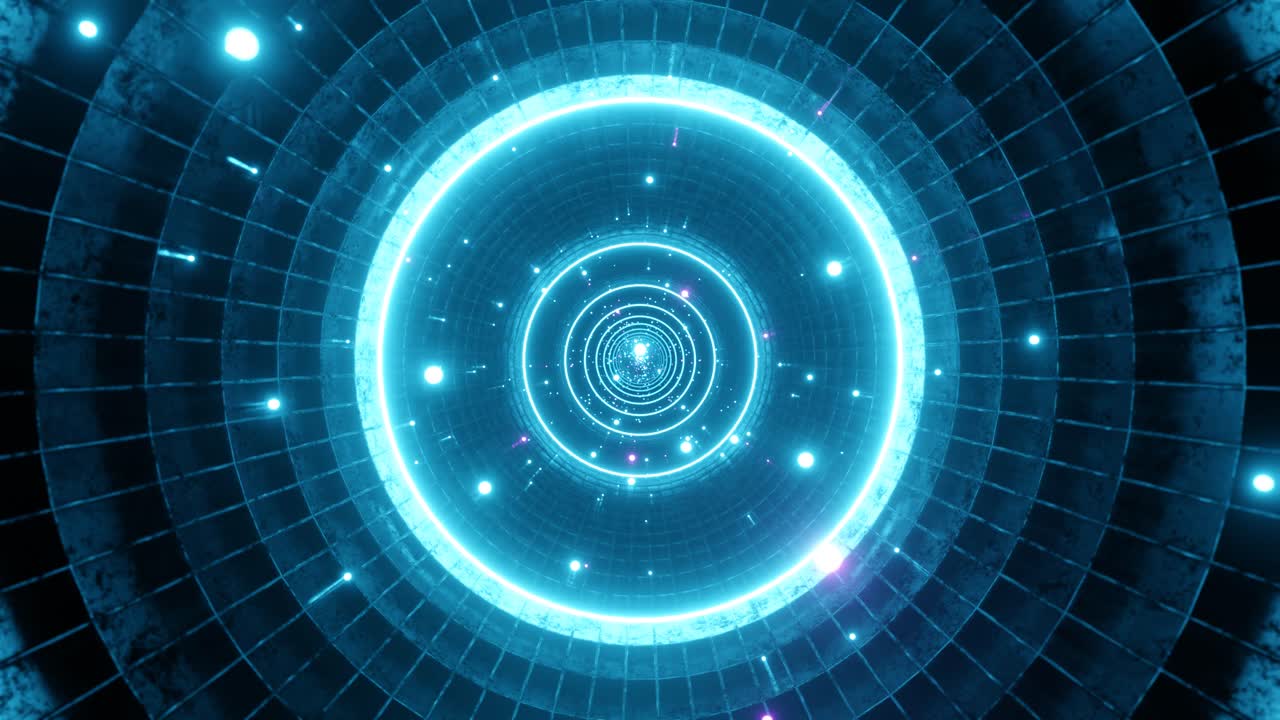4K seamless loop motion graphics of flying into rotation circle digital tunnel with moving particles. 3D render animation. Sci-fi, VFX, Hadron Collider, cyberpunk motion background