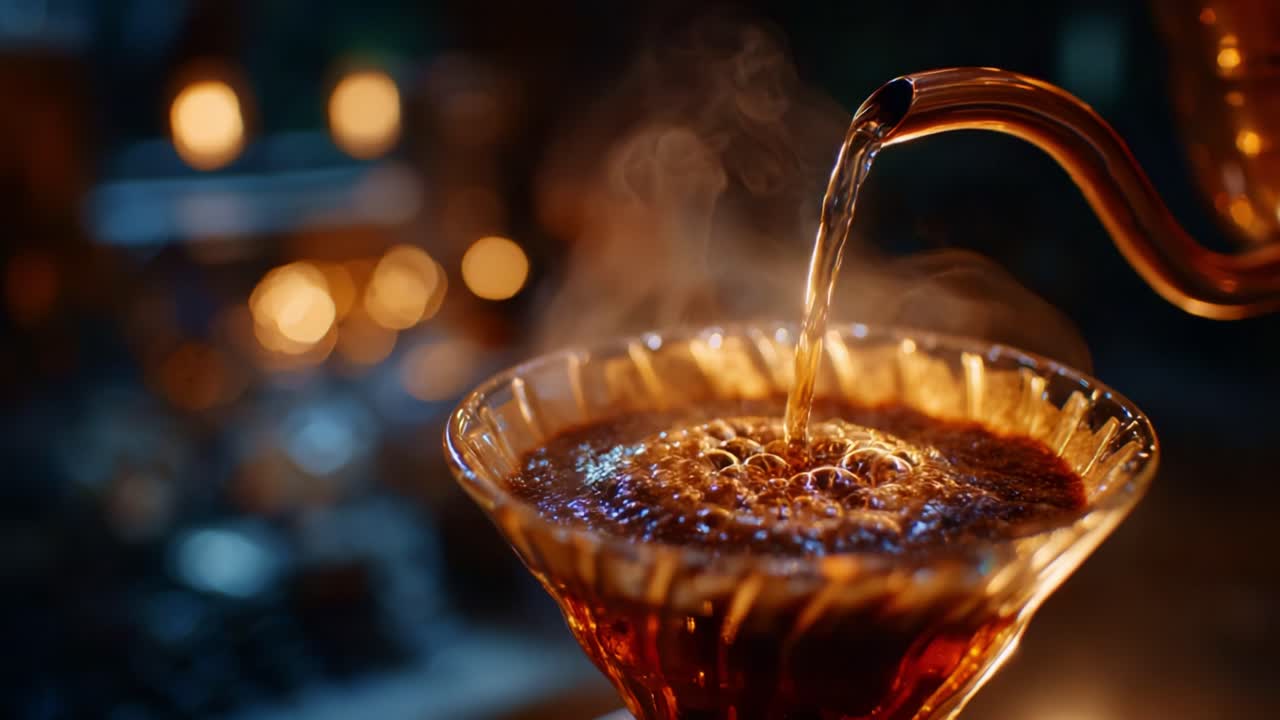 Steaming Brew: A Pour of Freshly Made Coffee in an Elegant Glass, Capturing the Essence of Craftsmanship and Aromatic Delight for Coffee Lovers