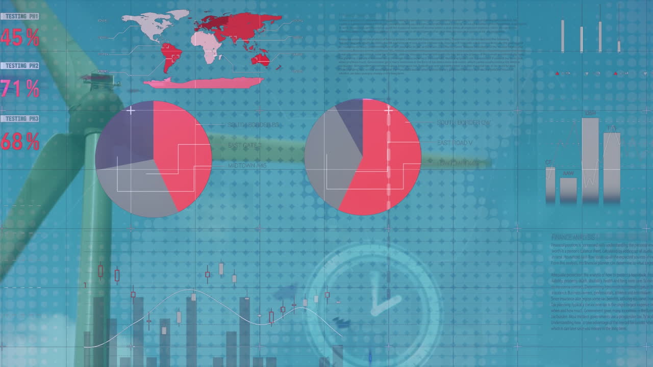 animación del procesamiento de datos estadísticos y el reloj de tic-tac sobre el molino de viento giratorio contra el cielo azul