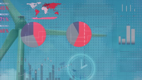 animation of statistical data processing and ticking clock over spinning windmill against blue sky