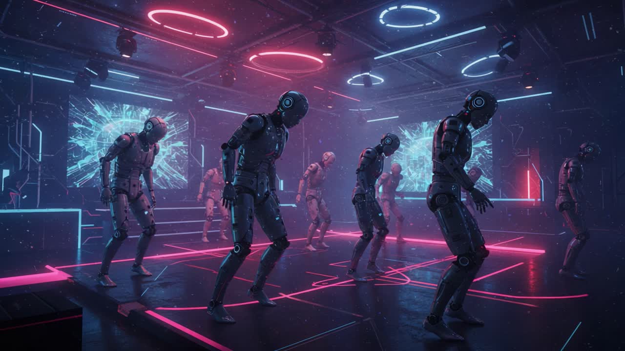 Futuristic Dance Scene Featuring Advanced Robotic Beings in a Neon-Lit Nightclub Setting, Showcasing Dynamic Movement and Integration with Digital Artistry.