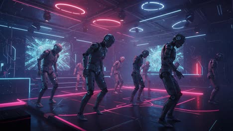 futuristic dance scene featuring advanced robotic beings in a neon-lit nightclub setting, showcasing dynamic movement and integration with digital artistry.