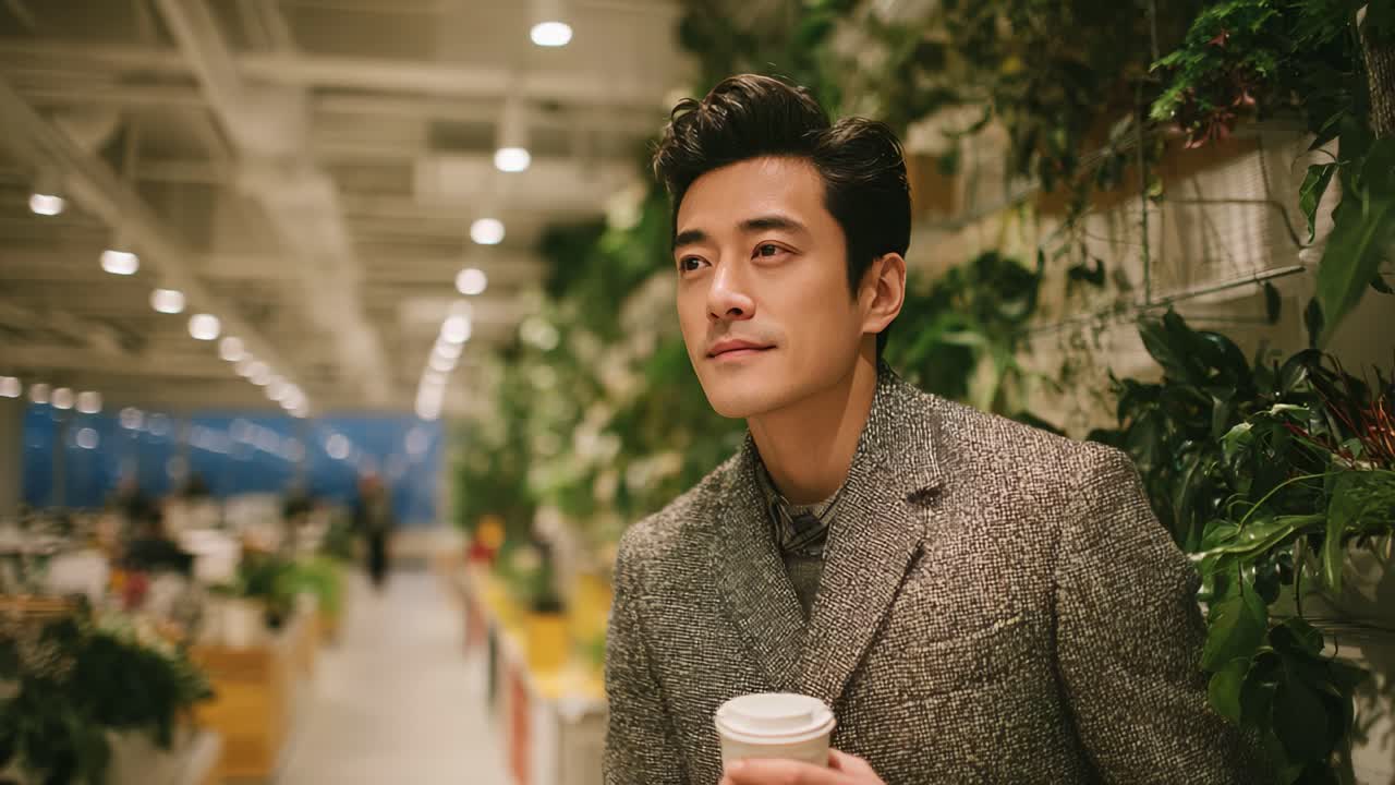 A Stylish Man Enjoying His Coffee in a Lush, Plant-Filled Café Atmosphere, Captured from Different Angles While Embracing the Serenity of Urban Nature