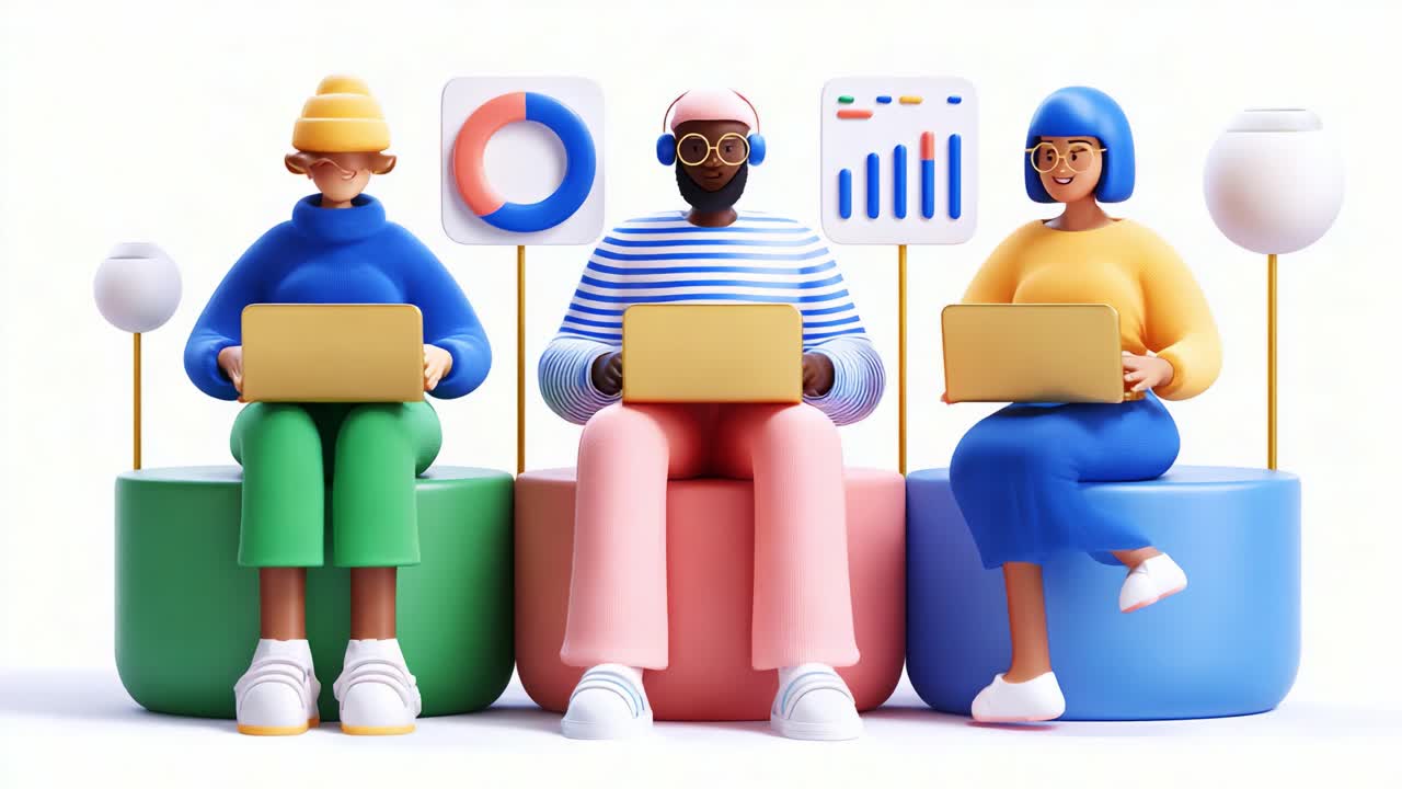 A Diverse Group of Three Characters Engaged in Work on Laptops with Colorful Data Visuals, Representing Collaboration and Modern Technology in a Digital Environment