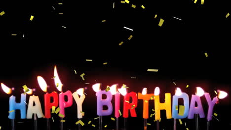 happy birthday candles animation with falling confetti on black background