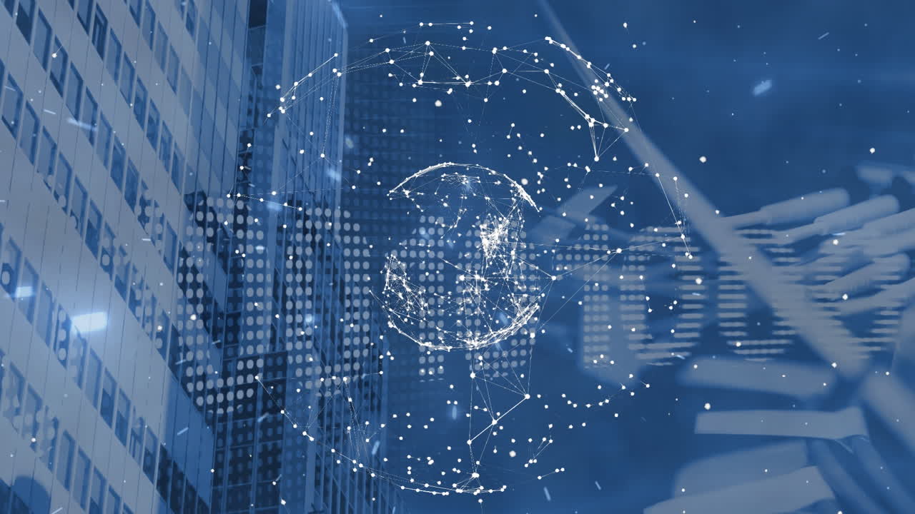 Animation of globe with network of connections over financial data