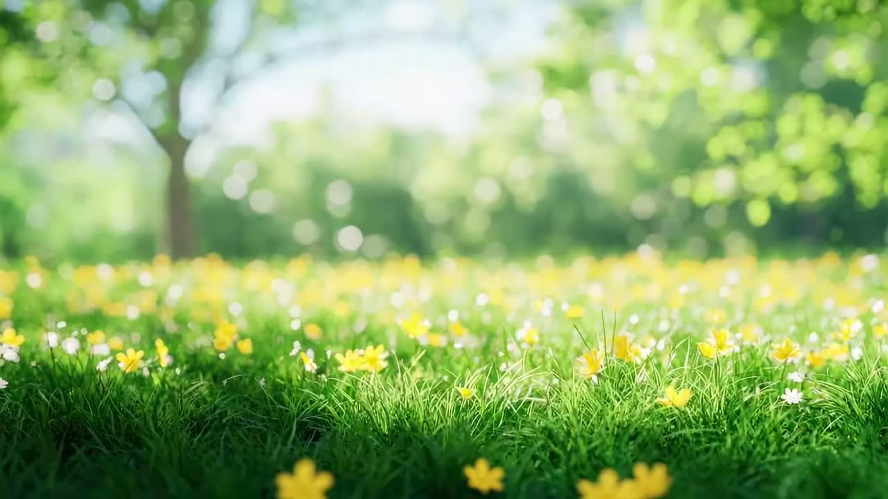 A serene video scene of a sunlit meadow with vibrant wildflowers