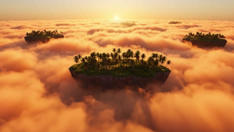 A Stunning Aerial View of Floating Islands Wrapped in a Sea of Mist, Bathed in the Golden Glow of Sunrise, Showcasing Lush Greenery and Tranquil Serenity