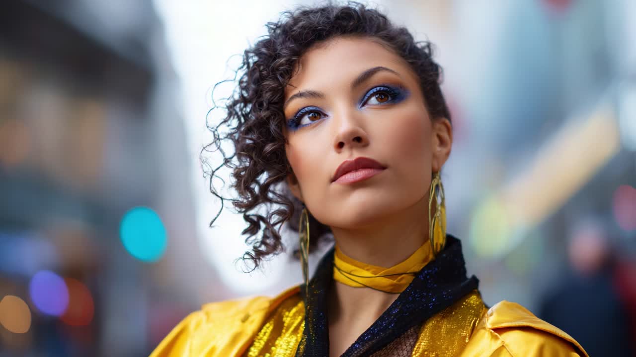 Confident Woman in Yellow Jacket Posing with Elegant Style and Dramatic Makeup Amidst Urban Background in a Fashionable Scene