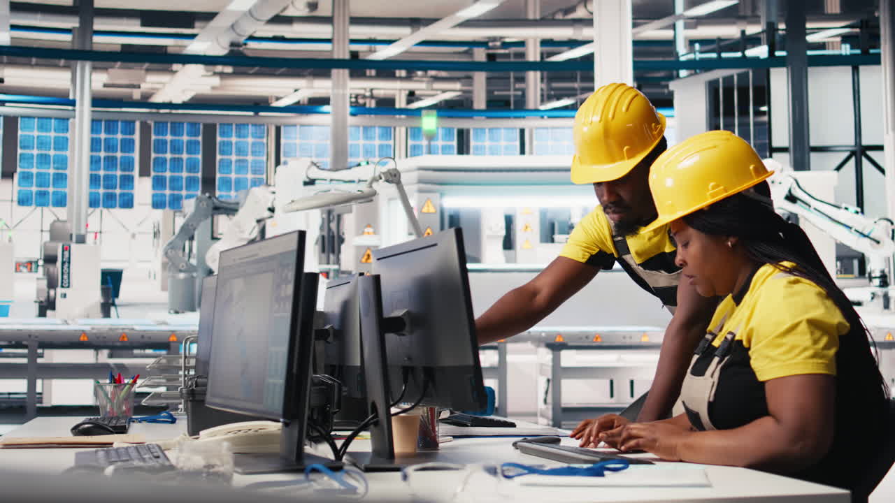 Vertical Video All black team of engineers comparing solar panels designs on devices