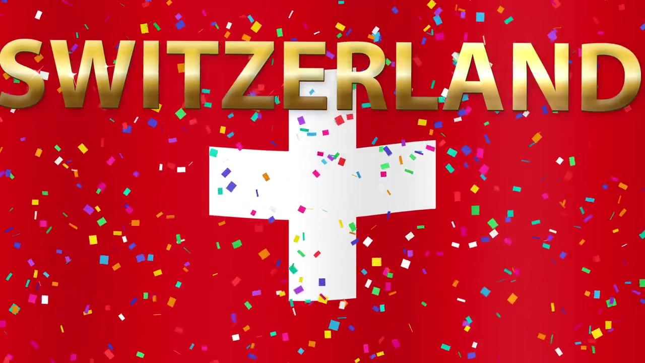 Bandiera svizzera animata che sventola con testo "Switzerland" dorato e coriandoli colorati che cadono in loop.