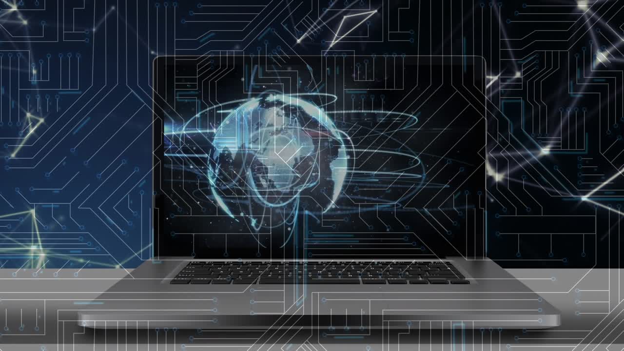 Animatie van een wereldbol met een verbindingsnetwerk over dataverwerking op een zwarte achtergrond