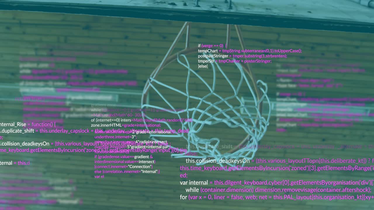 Dribbling athlete entering shooting three-pointer while tech code overlay cascading across ceiling