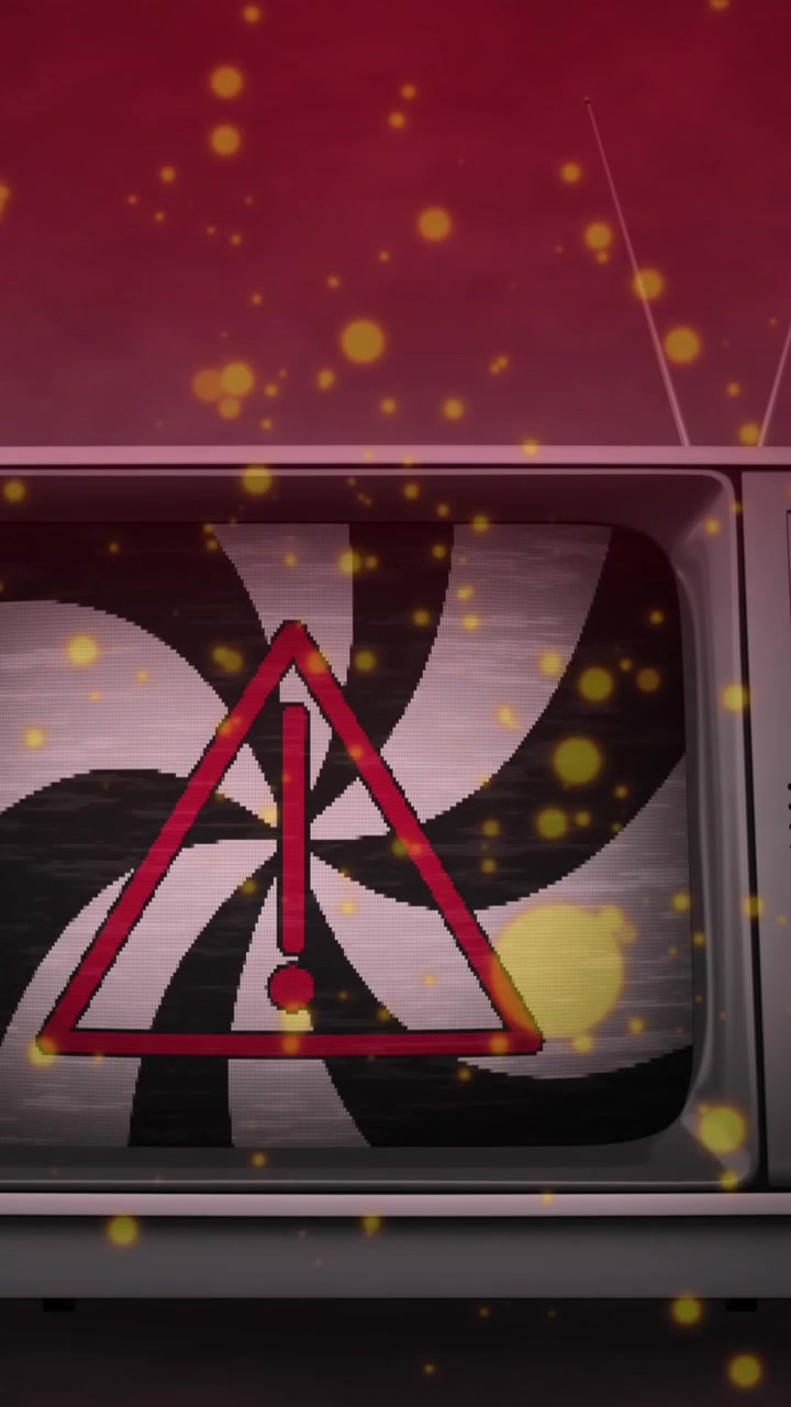 Animation of black and white stripes and warning triangle over retro tv on light spots