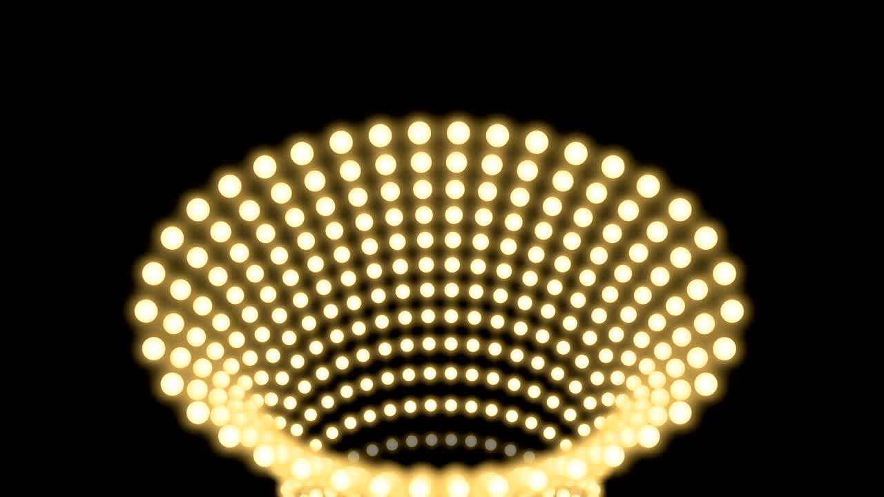 터널 전구 박스 프레임 타원형 모양의 움직이는 패턴, 레트로 3d 가상 스타일 일러스트레이션, 어두운 배경에서 반이는 원활한 루핑 애니메이션 4k, 복사 공간