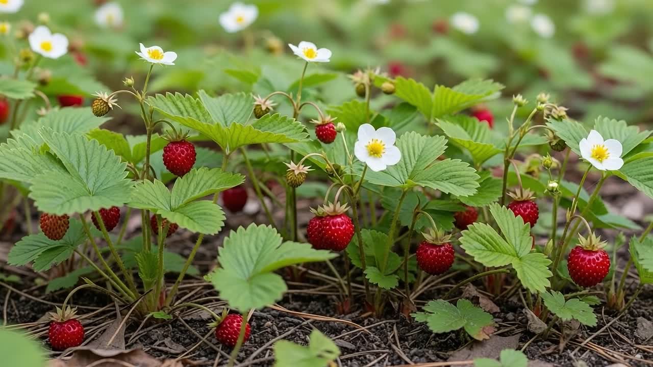 Vibrant Strawberry Plants Flourishing in a Garden: A Scenic View of Ripening Fruits Surrounded by Resplendent Green Leaves and Delicate White Flowers