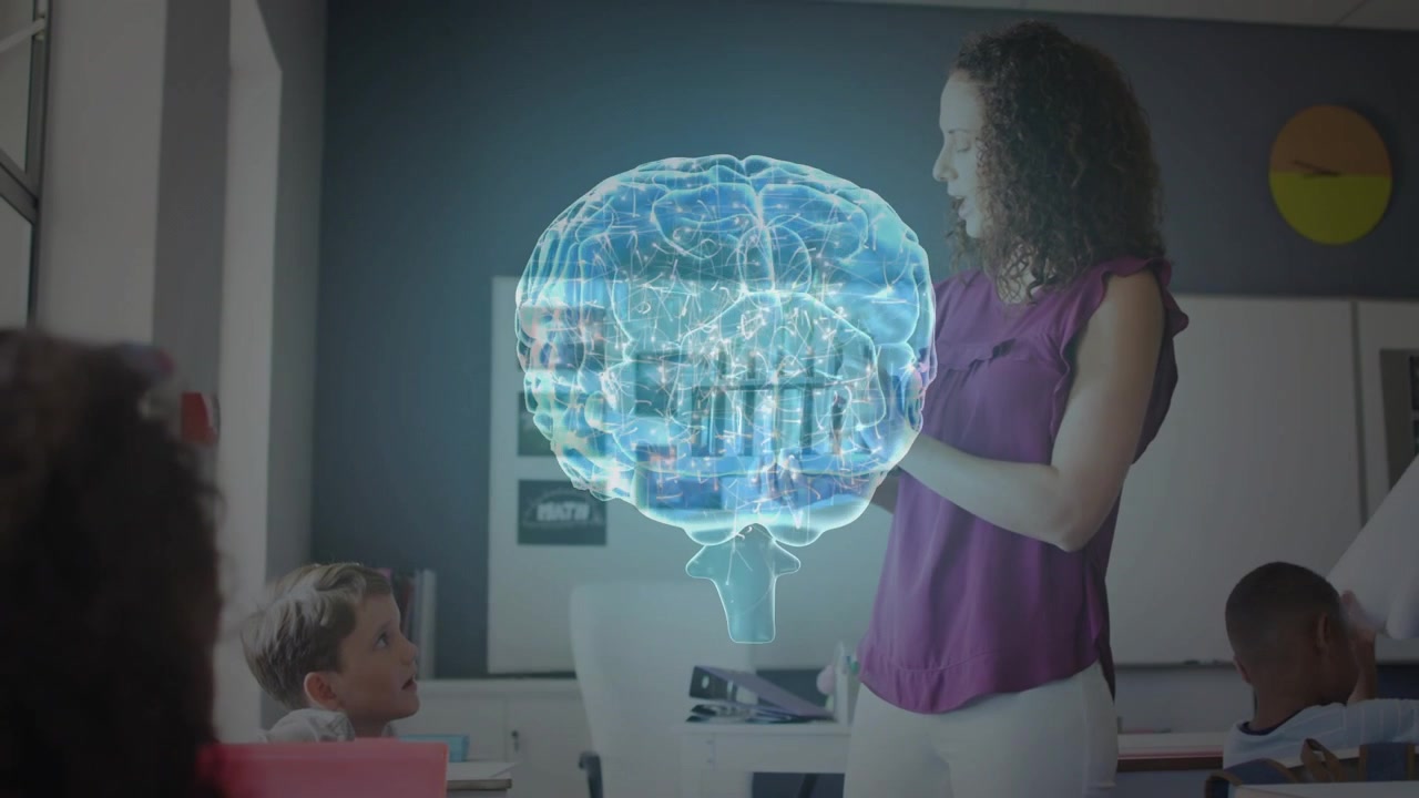 Teacher gesturing with tablet as holographic brain appearing over torso, teaching students focus