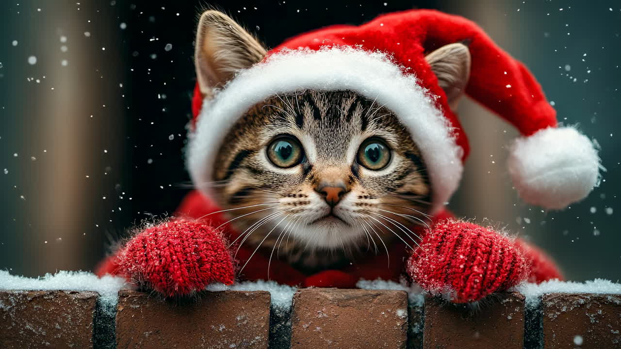Cute cat in Christmas hat and sweater. A cat wears a red Christmas hat and sweater while sitting on a snow-covered surface. Snowflakes fall around it