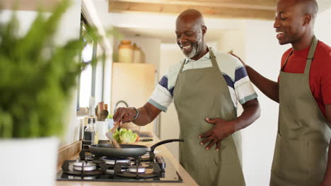 cooking together, father and son smiling while preparing meal in modern kitchen