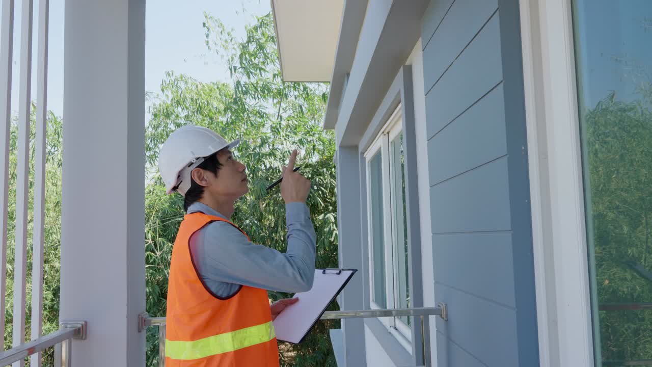 The inspector or engineer is checking the building structure and the requirements of the wall paint. After the renovation is completed