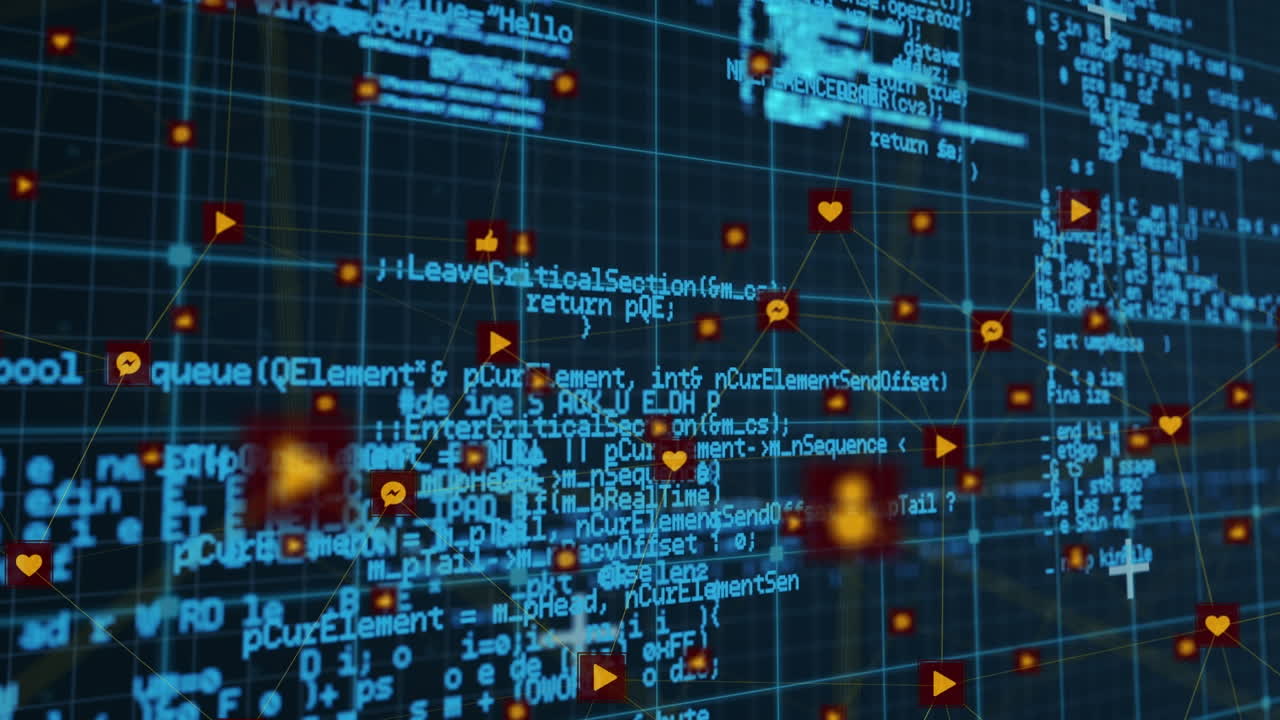 Network of digital icons over grid network against data processing on blue background