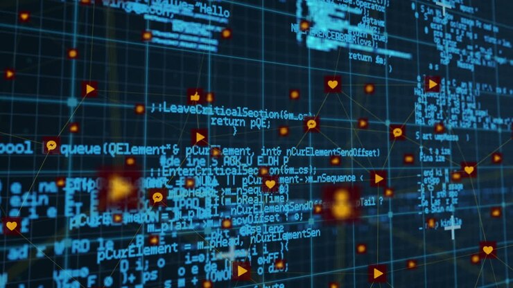 Network of digital icons over grid network against data processing on blue background