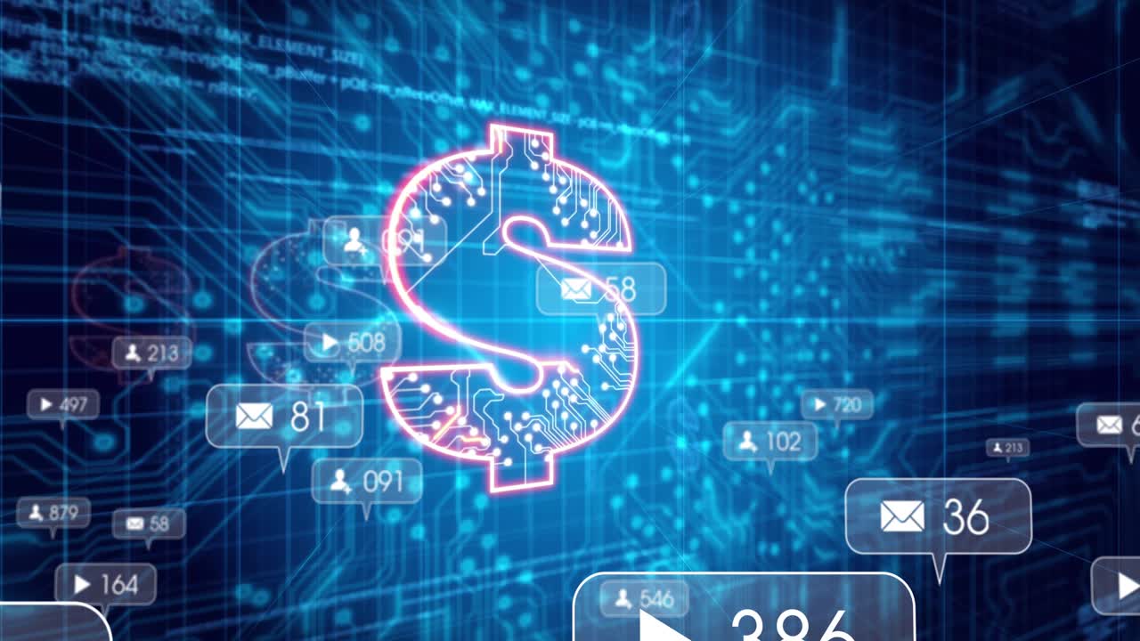 Core pulsing initiating icons updating counts, forming dollar sign showing revenue on circuit grid