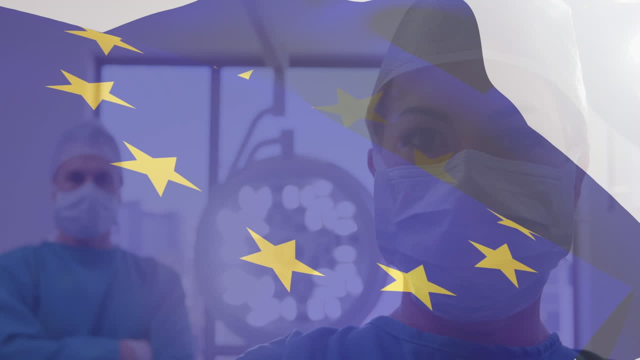 animación de la bandera de la ue sobre los médicos durante la cirugía