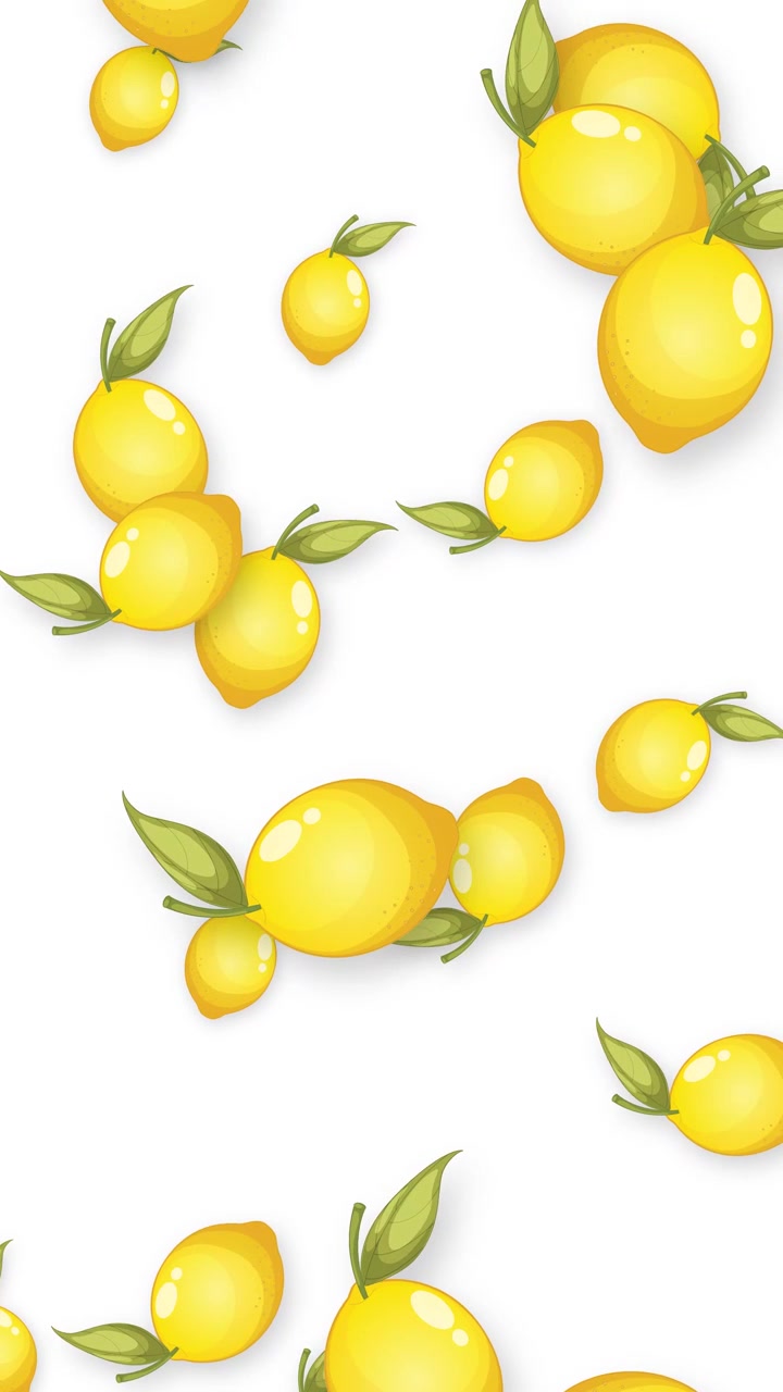 Limoni gialli stilizzati con foglie verdi cadono continuamente in un loop verticale su bianco