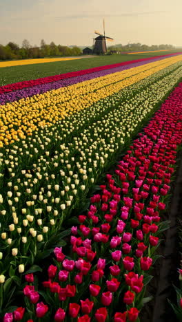 colorful tulip fields and windmill